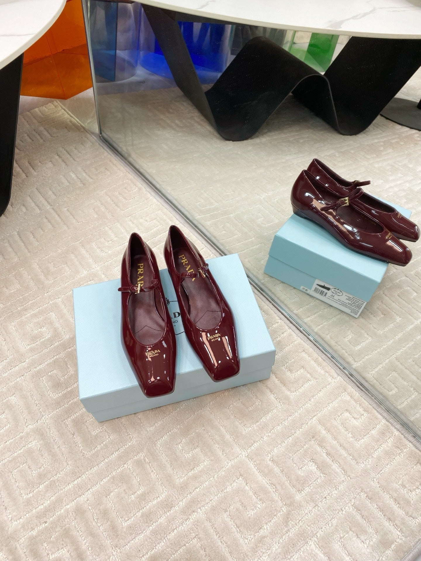MARY JANE FLATS SQUARE TOE IN BURGUNDY RED PATENT SHEEPSKIN - 35