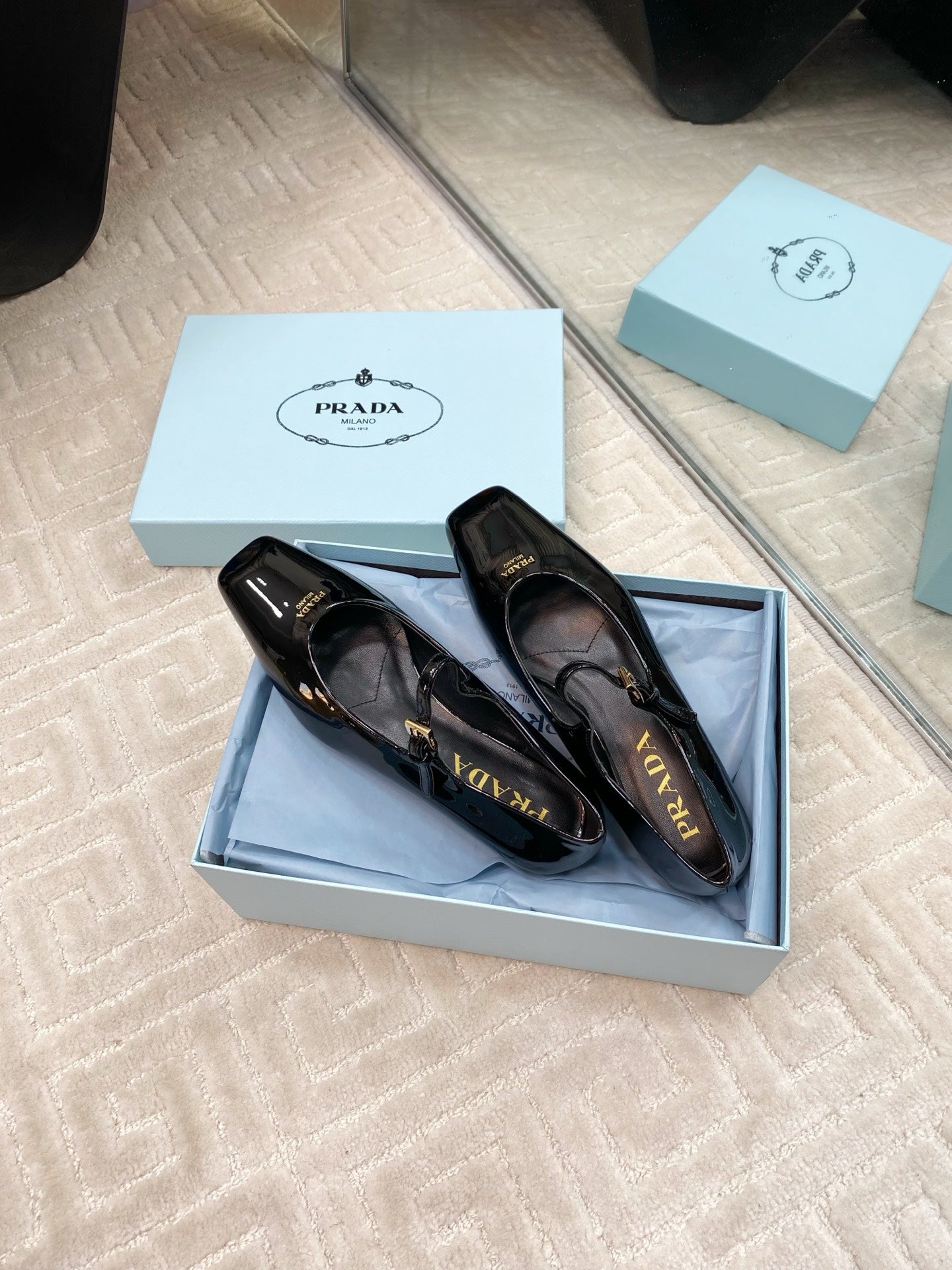 MARY JANE FLATS SQUARE TOE IN BLACK PATENT SHEEPSKIN - 35
