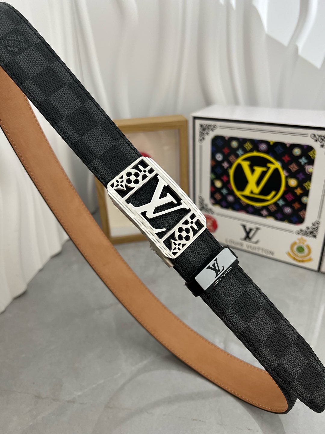 LV 25S BELT 35 MM IN BLACK MIX GREY CALFSKIN 593275 - 26-28