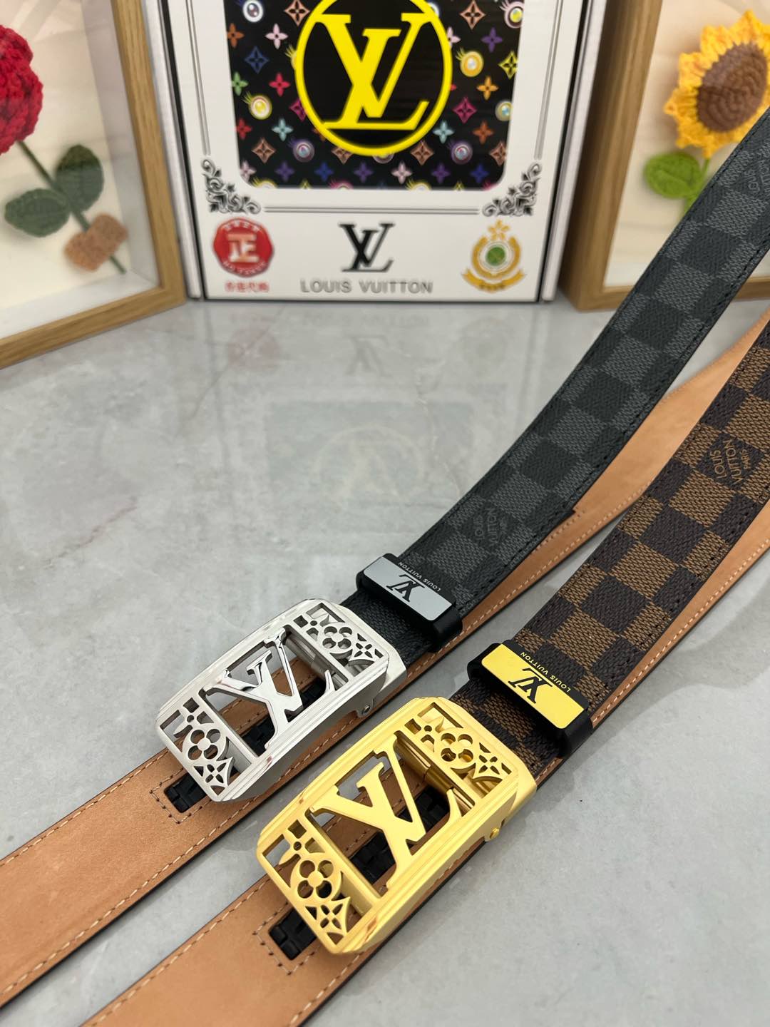 LV 25S BELT 35 MM IN BLACK MIX GREY CALFSKIN 593275 - 26-28