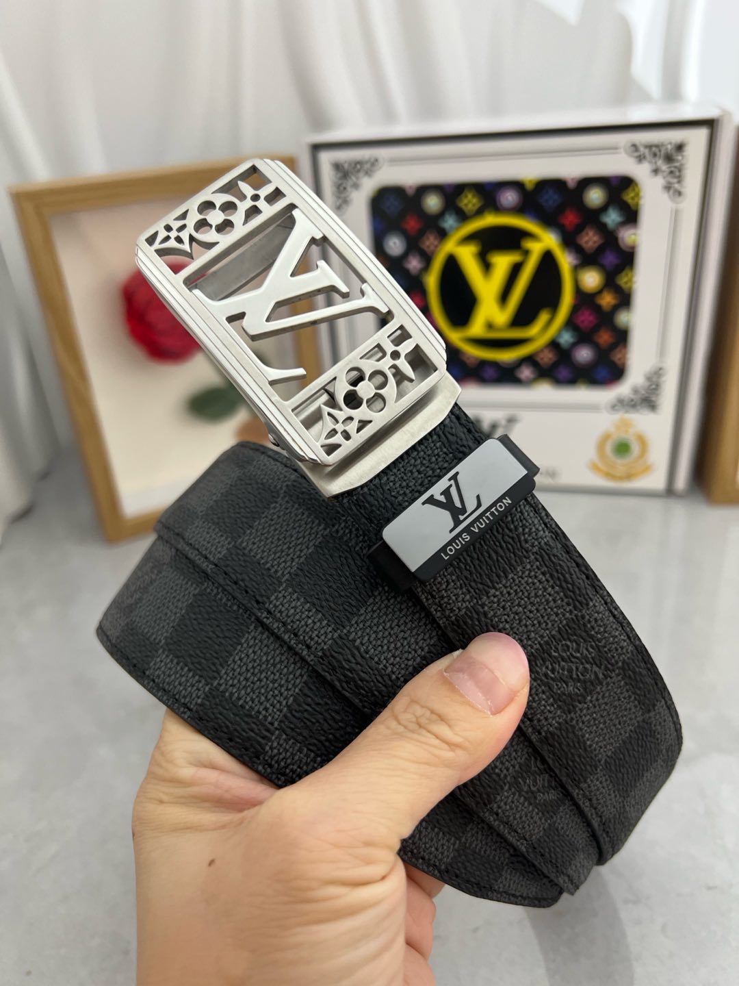 LV 25S BELT 35 MM IN BLACK MIX GREY CALFSKIN 593275 - 26-28