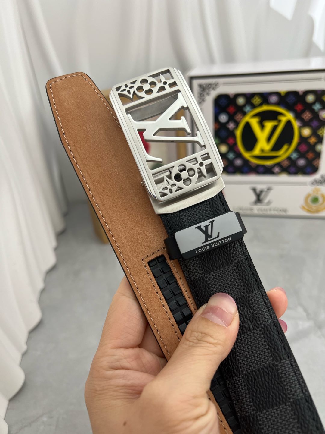 LV 25S BELT 35 MM IN BLACK MIX GREY CALFSKIN 593275 - 26-28