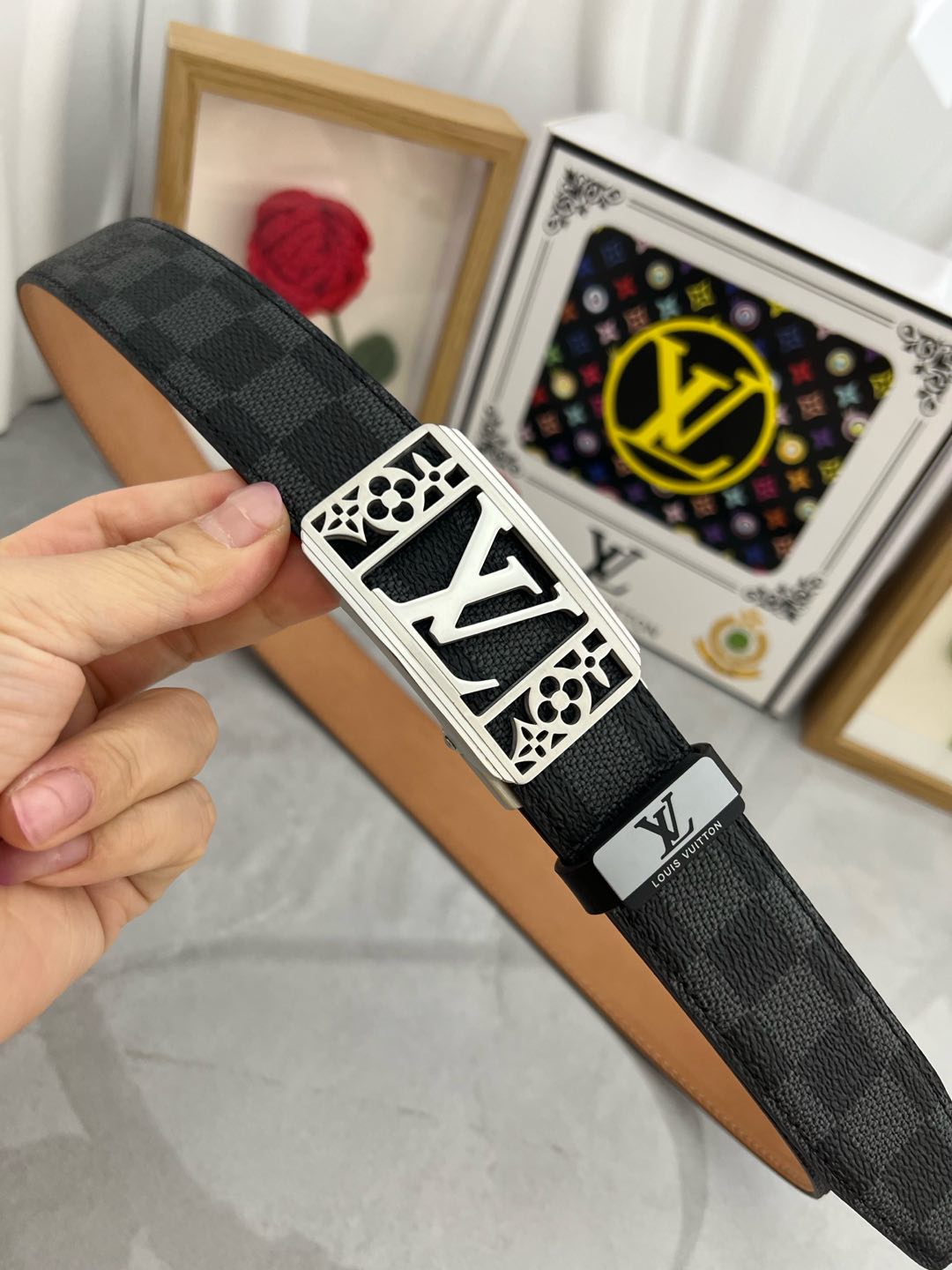 LV 25S BELT 35 MM IN BLACK MIX GREY CALFSKIN 593275 - 26-28
