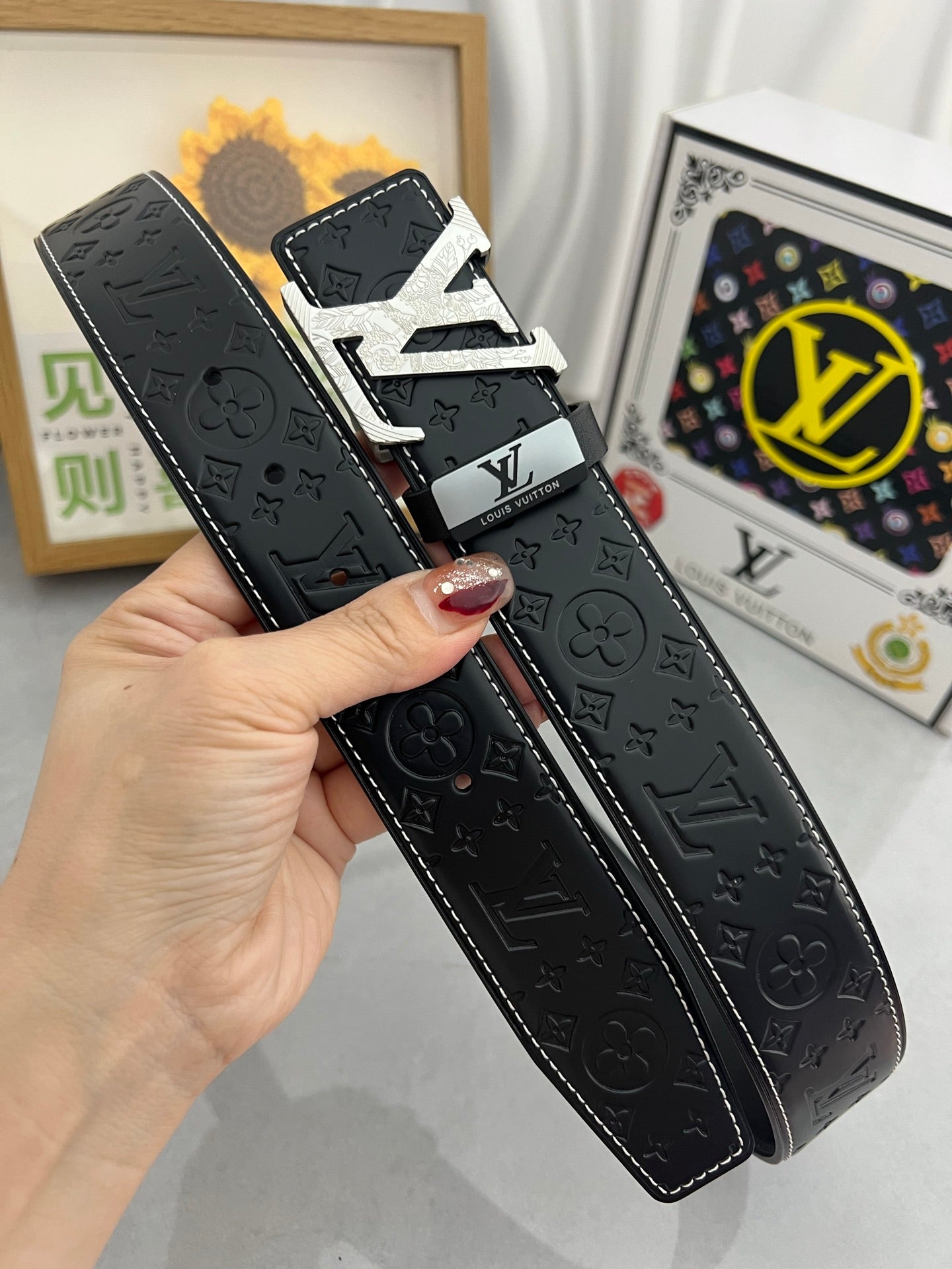 LV 25S BELT 38 MM IN BLACK CALFSKIN STAMP LOGO 593292 - 26-28
