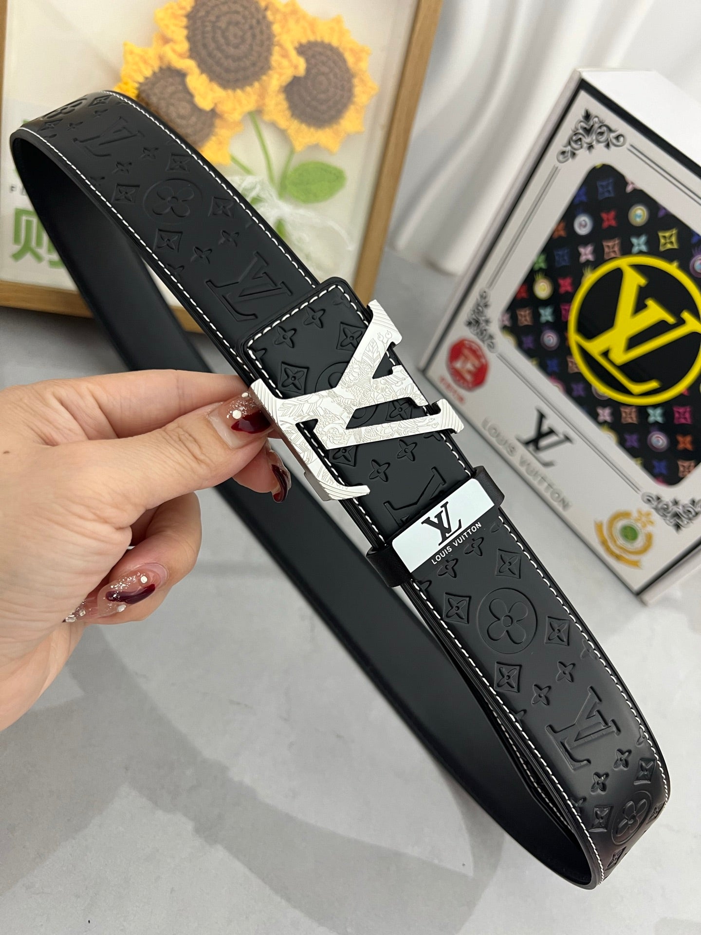 LV 25S BELT 38 MM IN BLACK CALFSKIN STAMP LOGO 593292 - 26-28