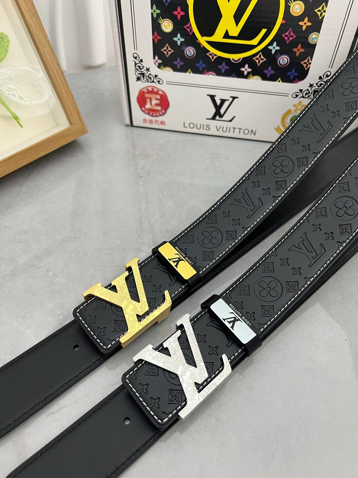 LV 25S BELT 38 MM IN BLACK CALFSKIN STAMP LOGO 593292 - 26-28