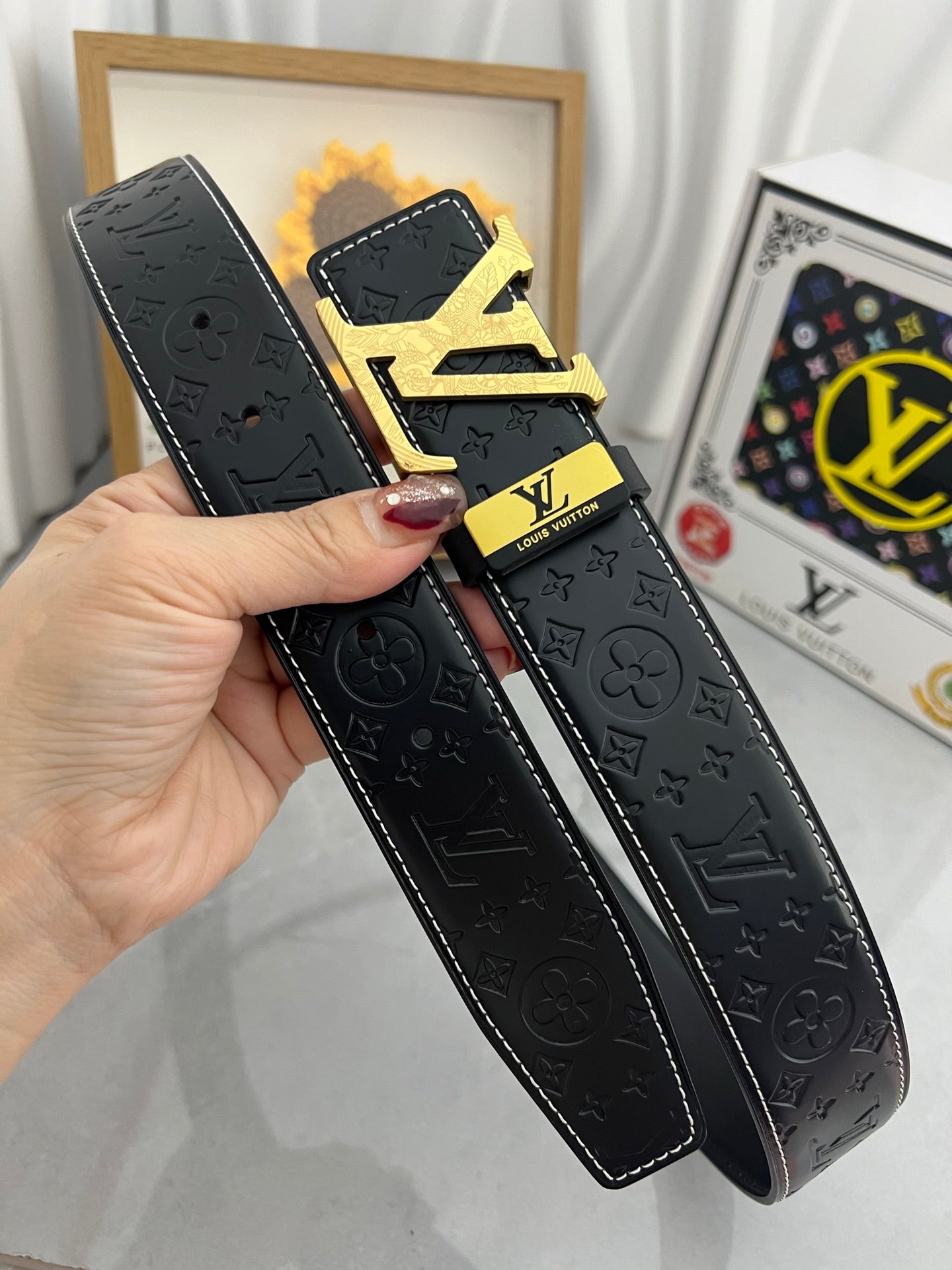 LV 25S BELT 38 MM IN BLACK CALFSKIN STAMP LOGO 593293 - 26-28