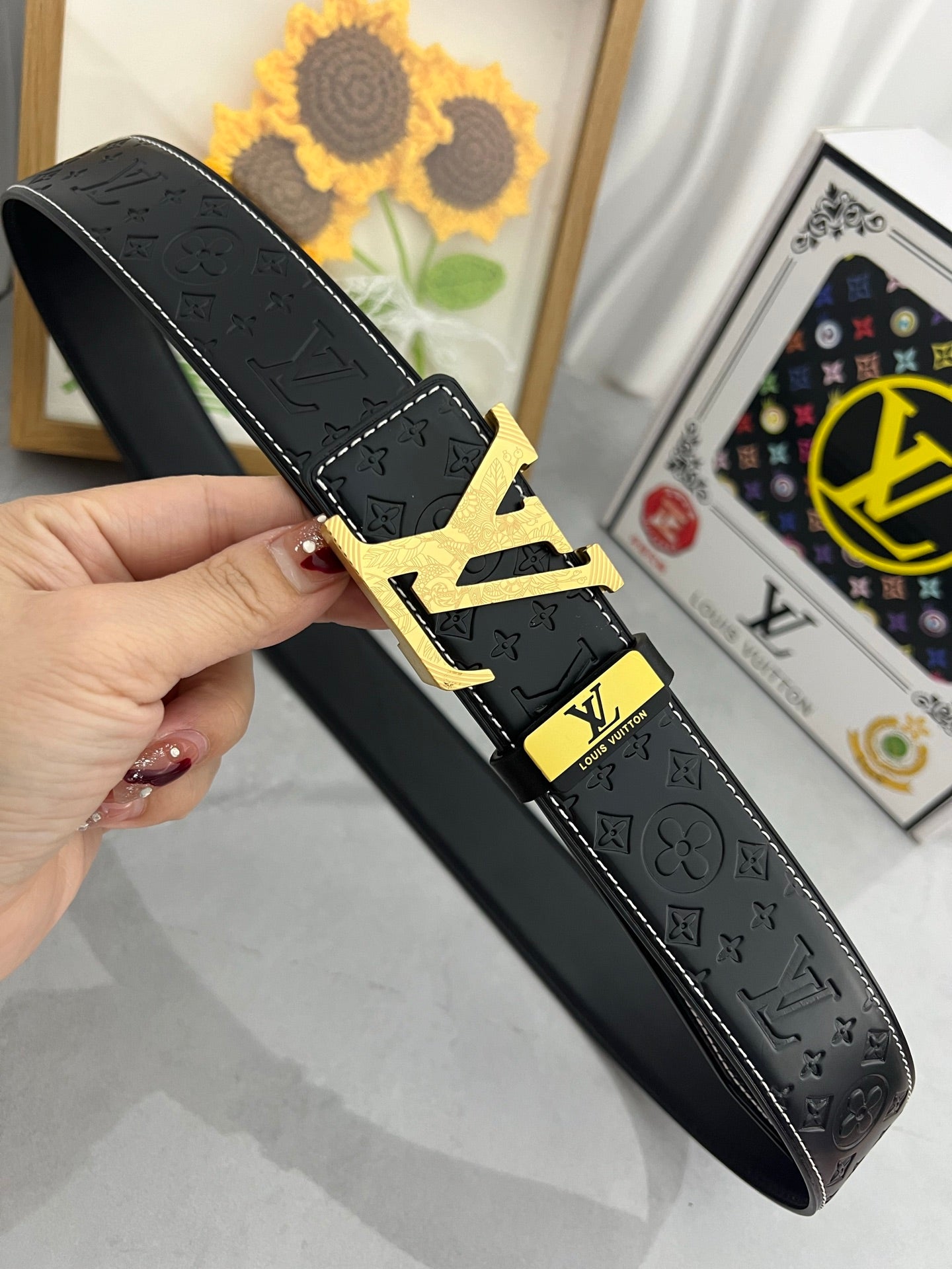 LV 25S BELT 38 MM IN BLACK CALFSKIN STAMP LOGO 593293 - 26-28