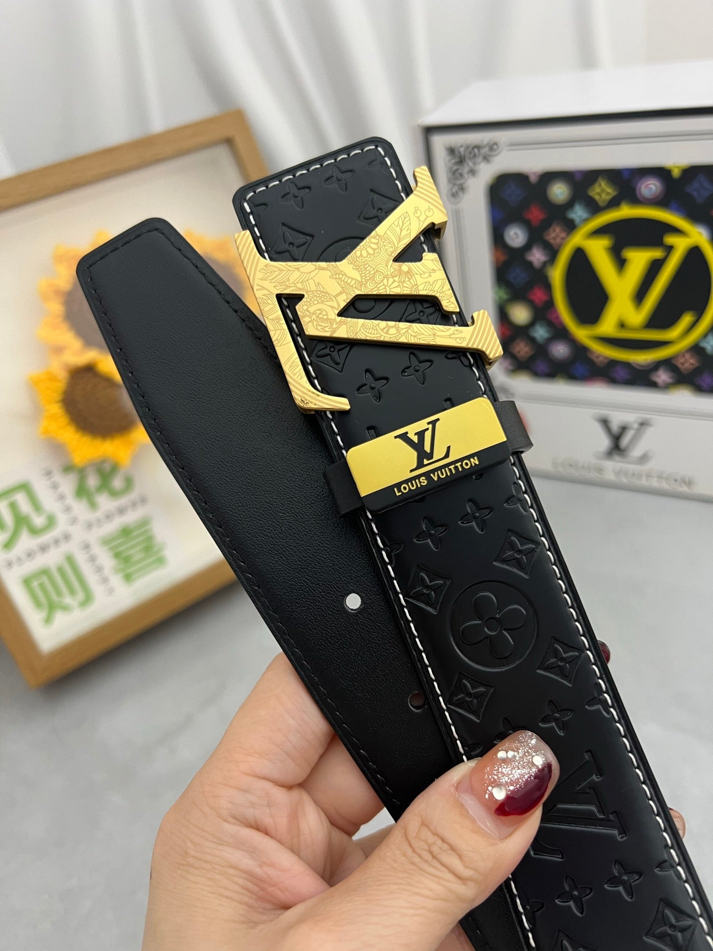 LV 25S BELT 38 MM IN BLACK CALFSKIN STAMP LOGO 593293 - 26-28