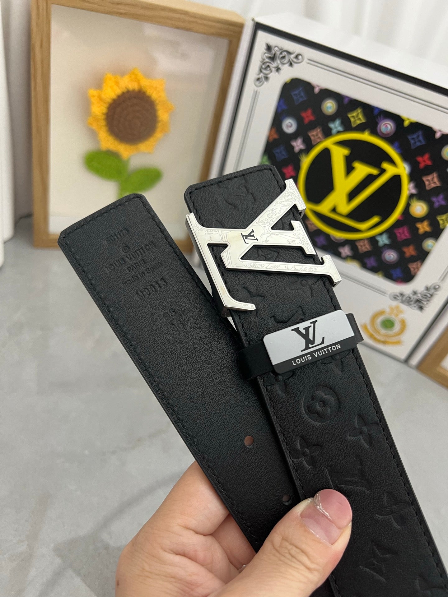 LV 25S BELT 38 MM IN BLACK CALFSKIN STAMP LOGO 593295 - 26-28