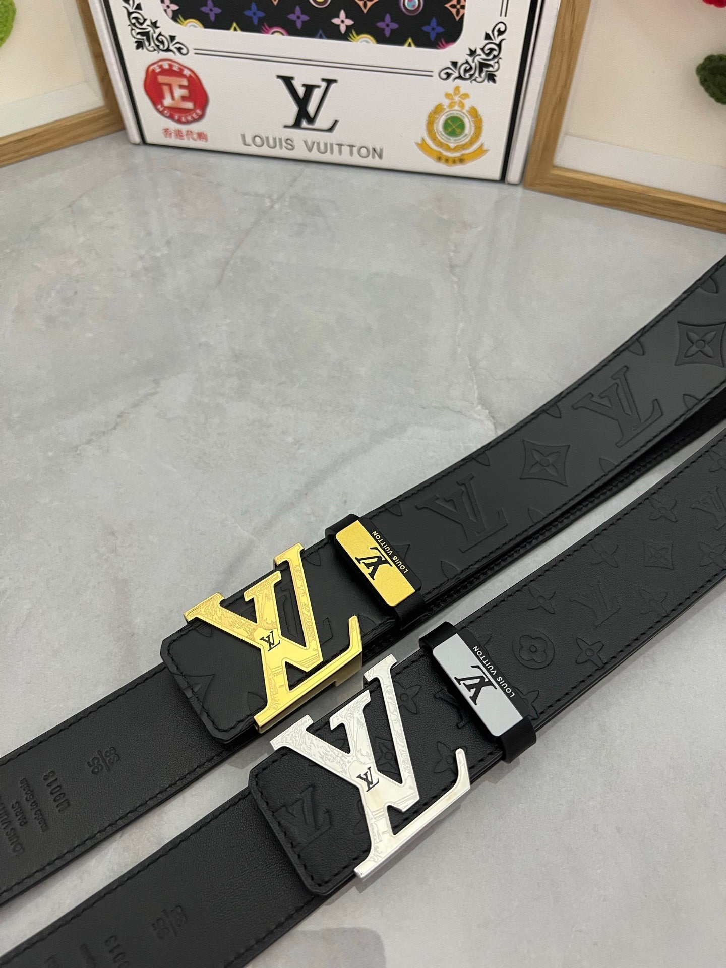 LV 25S BELT 38 MM IN BLACK CALFSKIN STAMP LOGO 593295 - 26-28