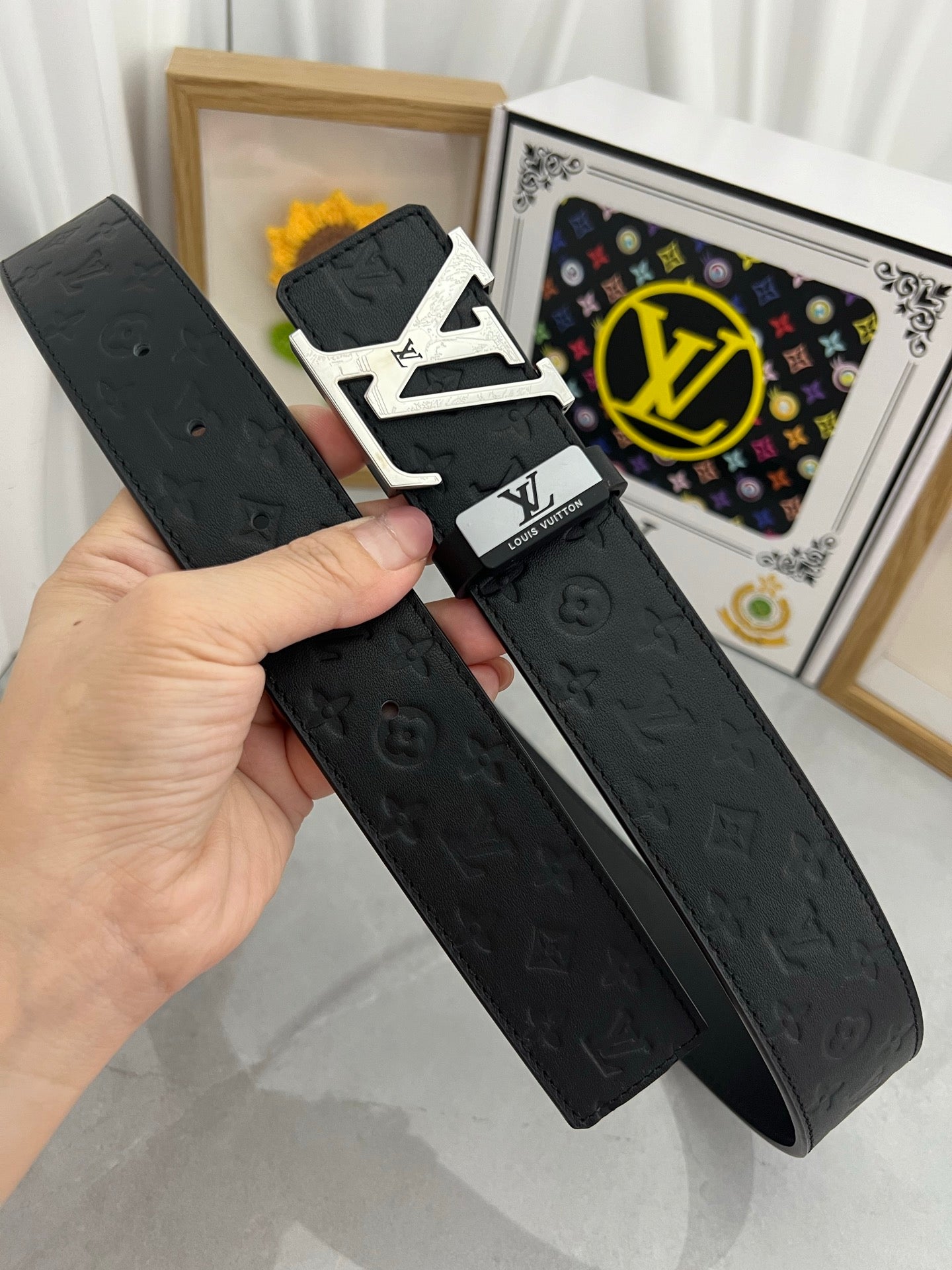 LV 25S BELT 38 MM IN BLACK CALFSKIN STAMP LOGO 593295 - 26-28