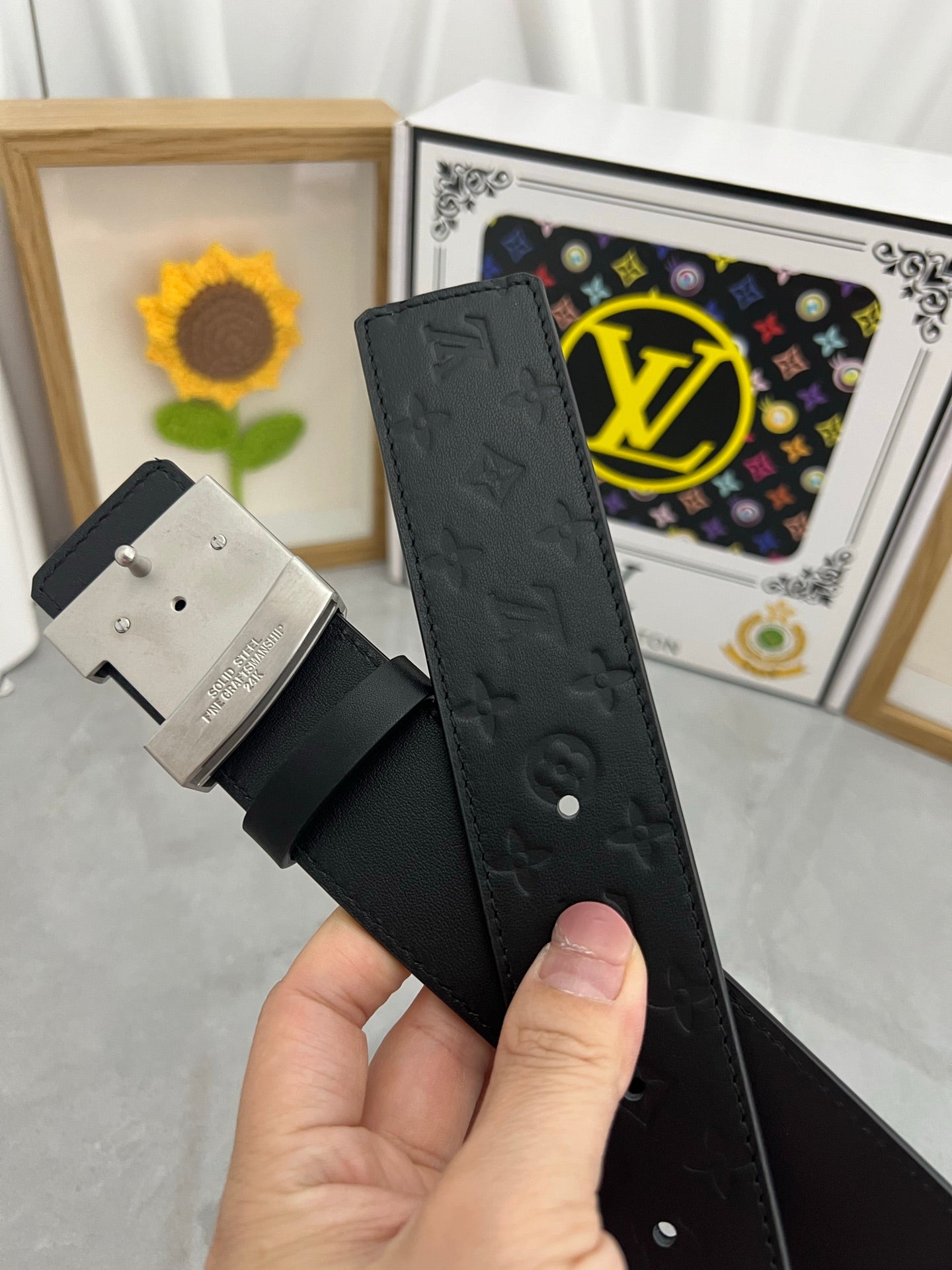 LV 25S BELT 38 MM IN BLACK CALFSKIN STAMP LOGO 593295 - 26-28