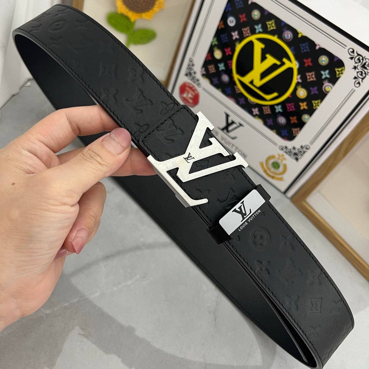 LV 25S BELT 38 MM IN BLACK CALFSKIN STAMP LOGO 593295 - 26-28