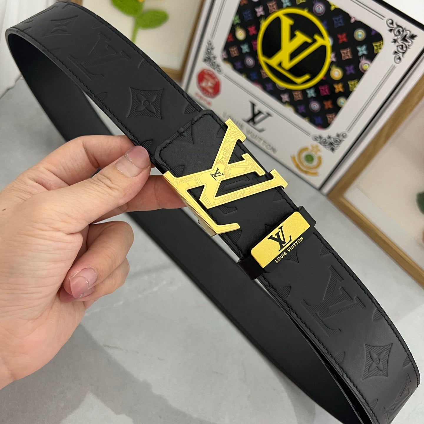 LV 25S BELT 38 MM IN BLACK CALFSKIN STAMP LOGO 593296 - 26-28