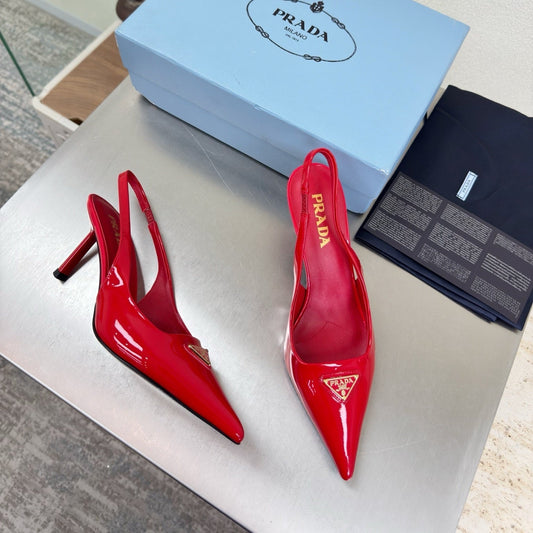 ГОСТРОНОСІ ТУФЛІ-СЛІНГБЕКИ PRADA 26S НА ПІДБОРАХ 75 ММ З ЧЕРВОНОЇ ЛАКОВАНОЇ ТЕЛЯЧОЇ ШКІРИ