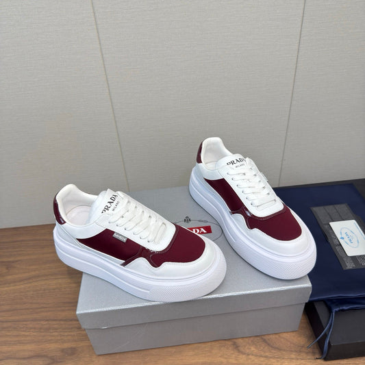 PRADA 25S DOWNTOWN BOLD SNEAKERS 45MM IN WHITE AND BURGUNDY CALFSKIN - 35