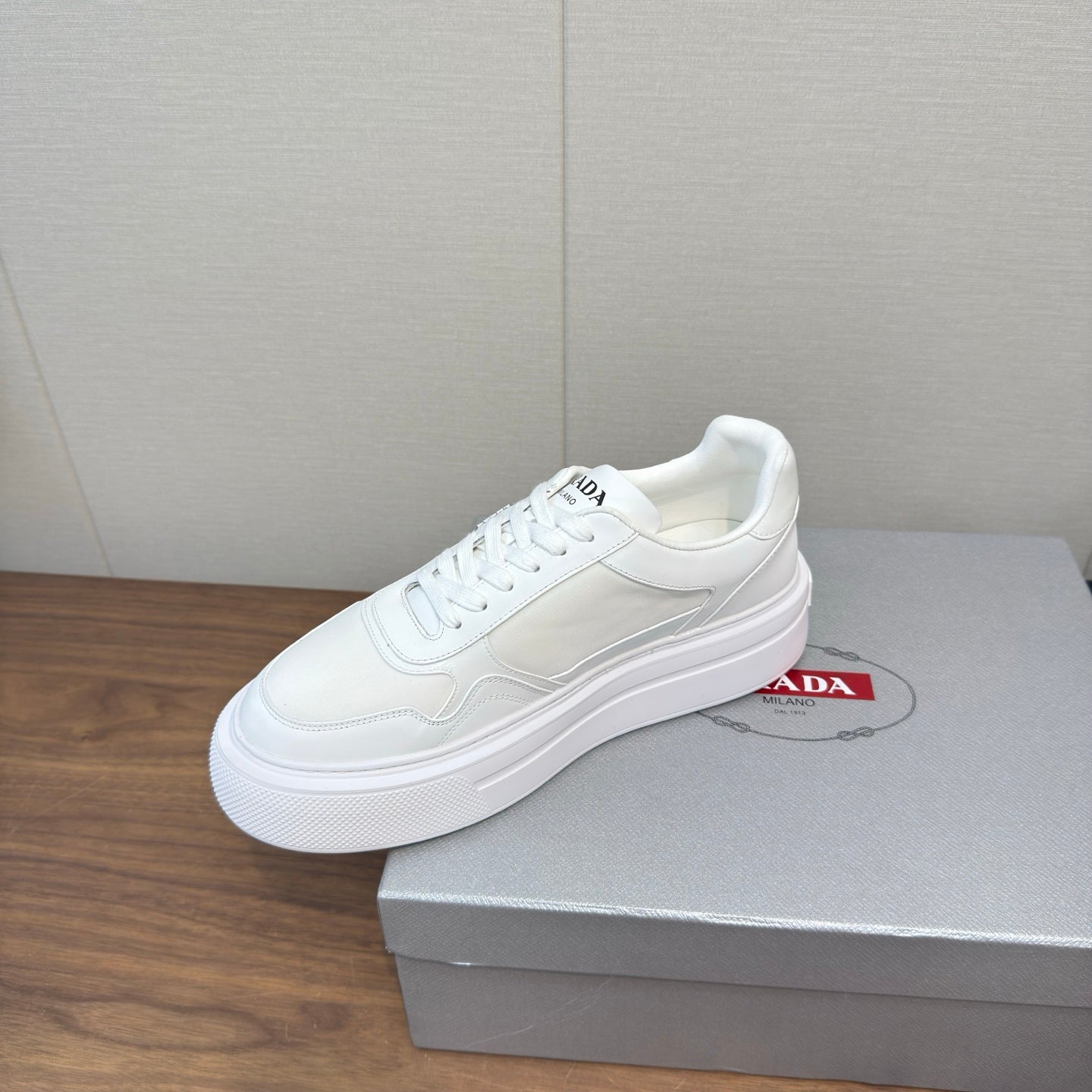 PRADA 25S DOWNTOWN BOLD SNEAKERS 45MM IN WHITE CALFSKIN - 35