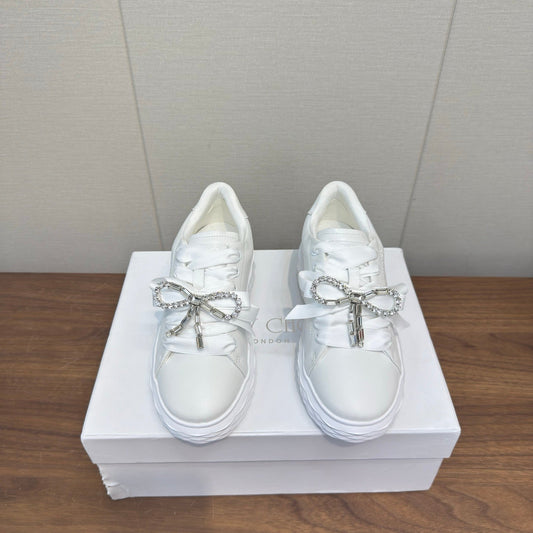JIMMY CHOO 26S SNEAKERS 55 MM IN WHITE CALFSKIN WITH CRYSTAL BOW