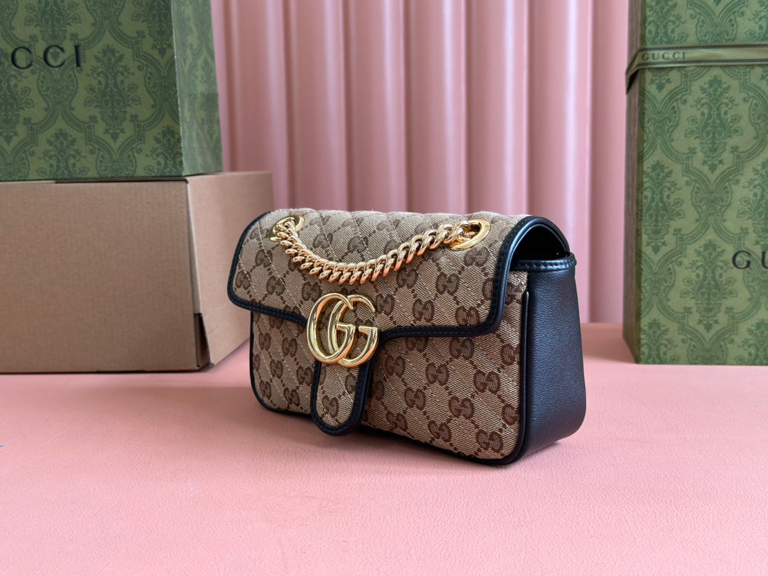 MARMONT MEDIUM SHOULDER BAG 22 IN BEIGE AND BROWN GG CANVAS BLACK CALFSKIN
