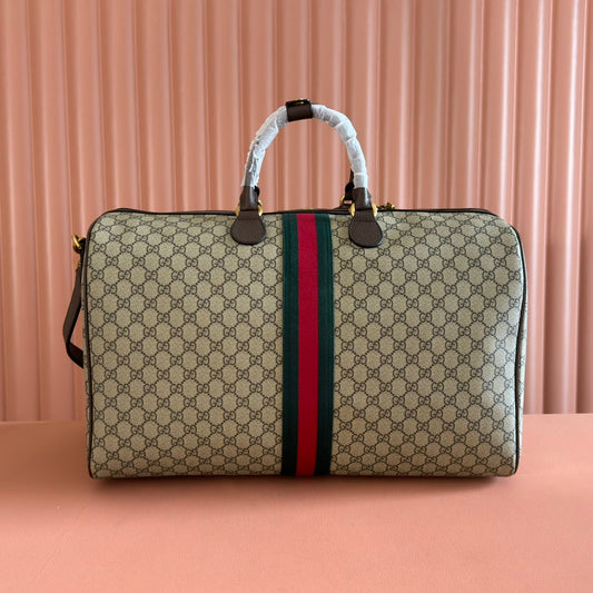 СУМКА-ДАФЛ GUCCI 26S, 52 СМ, З БЕЖЕВО-ТЕМНО-КОРИЧНЕВОГО ПОЛОТНА