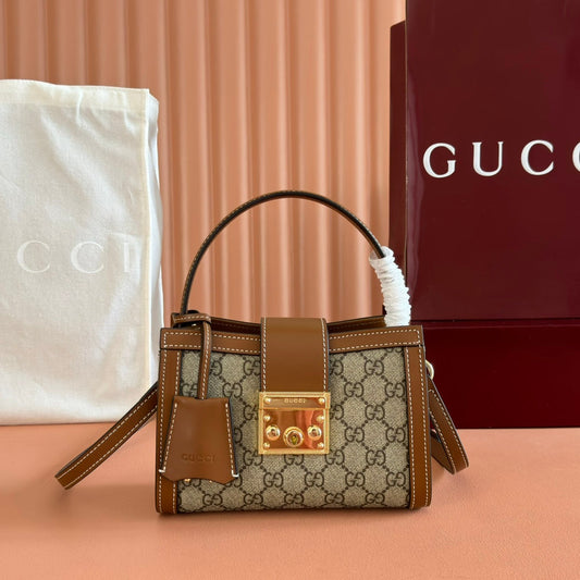 СУМКА GUCCI 26S PADLOCK TOP HANDLE 20 З ТЕМНО-БЕЖЕВОЇ ТА КОРИЧНЕВОЇ ТЕЛЯЧОЇ ШКІРИ