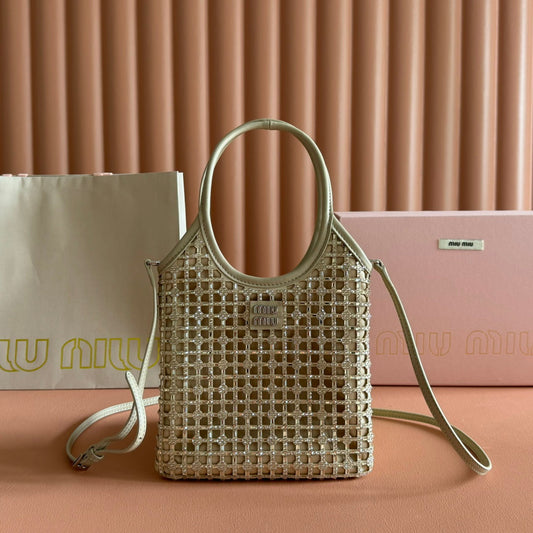 СУМКА-ШОПЕР MIUMIU 26S CRYSTAL 24 З ТЕМНО-БЕЖЕВОЇ ТЕЛЯЧОЇ ШКІРИ