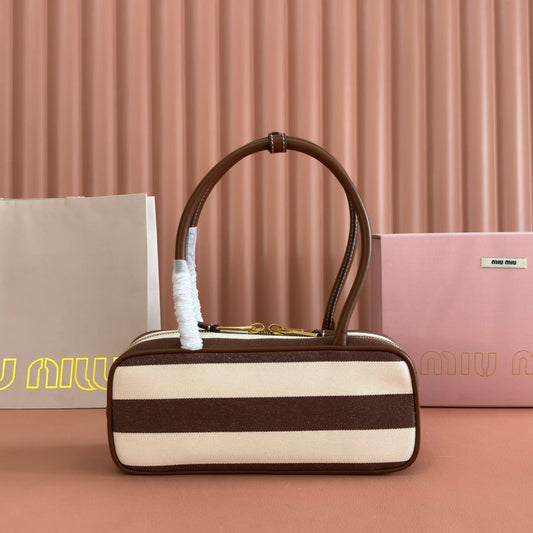 Сумка MIUMIU 25S BEAU BAG 28, коричневі та бежеві смуги, канва та теляча шкіра
