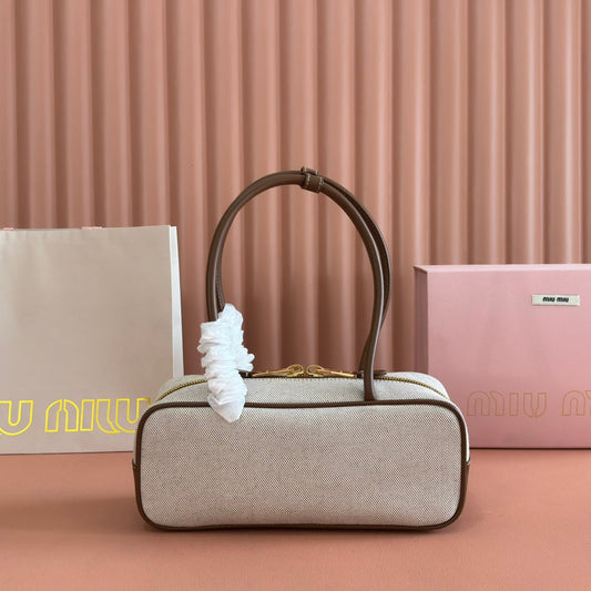 MIUMIU 25S BEAU CANVAS BAG 28 З БЕЖЕВОГО ПОЛОТНА ТА КОРИЧНЕВОЇ ТЕЛЯЧОЇ ШКІРИ