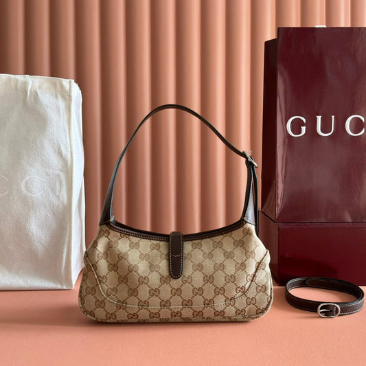 GUCCI 25S JACKIE МОНОГРАМА 27 СМ ЗІ СВІТЛО-КОРИЧНЕВОГО ПОЛОТНА ТА ТЕЛЯЧОЇ ШКІРИ