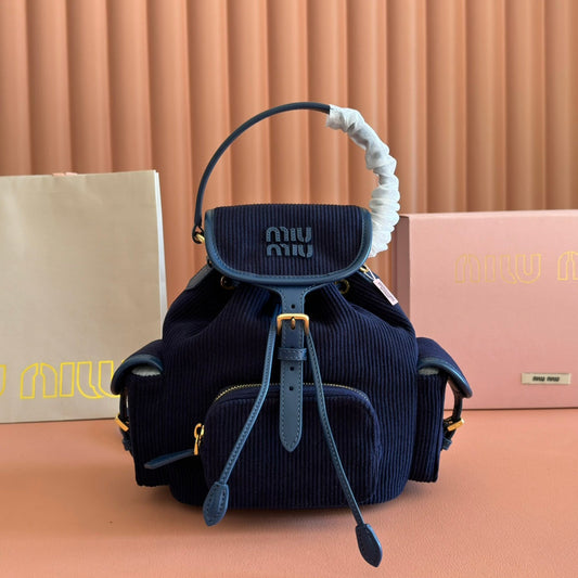 РЮКЗАК MIUMIU 26S, 22, З ТЕМНО-СИНЬОГО ПОЛОТНА ТА СИНЬОЇ ТЕЛЯЧОЇ ШКІРИ