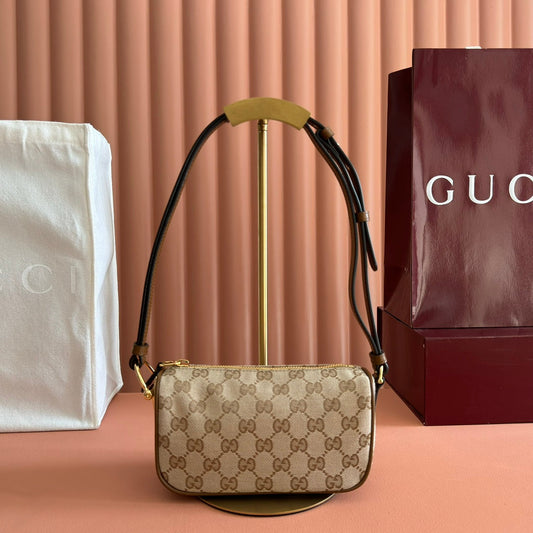 СУМКА GUCCI 26S НА ПЛЕЧЕ 19 ІЗ КОРИЧНЕВОГО ТЕКСТИЛЮ ТА ТЕПЛОГО БЕЖЕВОГО ПОЛОТНА