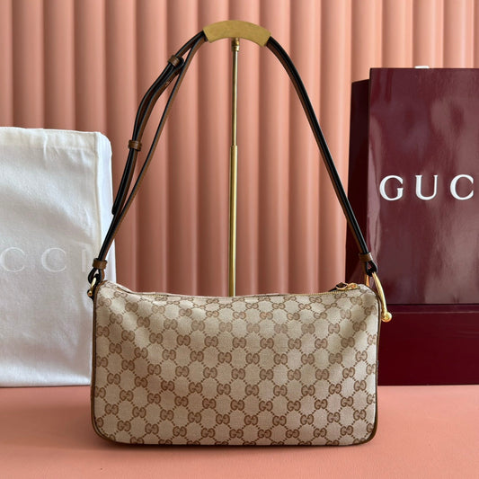 СУМКА GUCCI 26S НА ПЛЕЧЕ 31 З ПОЛОТНА ТЕПЛОГО БЕЖЕВОГО ТА КОРИЧНЕВОГО КОЛЬОРУ
