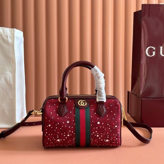 Сумка GUCCI 26S OPHIDIA BOSTON BAG 21 з темно-червоного канвасу, оздоблена стразами