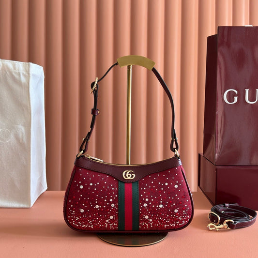 GUCCI 26S СУМКА НА ПЛЕЧЕ OPHIDIA 26 З ТЕМНО-ЧЕРВОНОЇ КАНВИ, ПРИКРАШЕНА СТРАЗАМИ