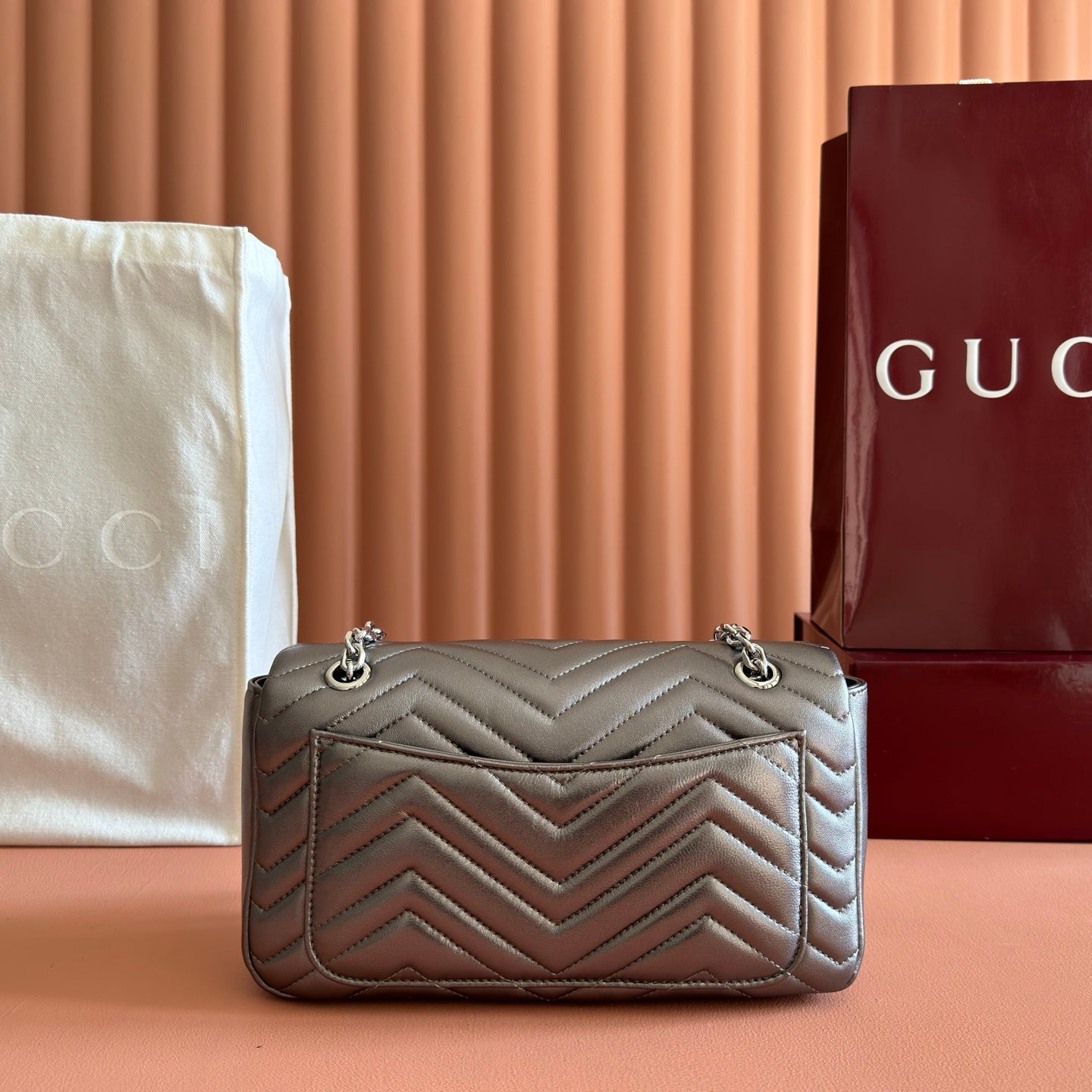 GUCCI 26S GG MARMONT BAG 26 IN WARM GRAY BROWN LAMBSKIN