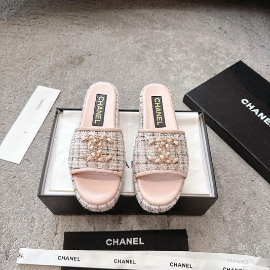 PLASTFORM HEELS IN LIGHT PINK TWEED AND CALFSKIN - 35