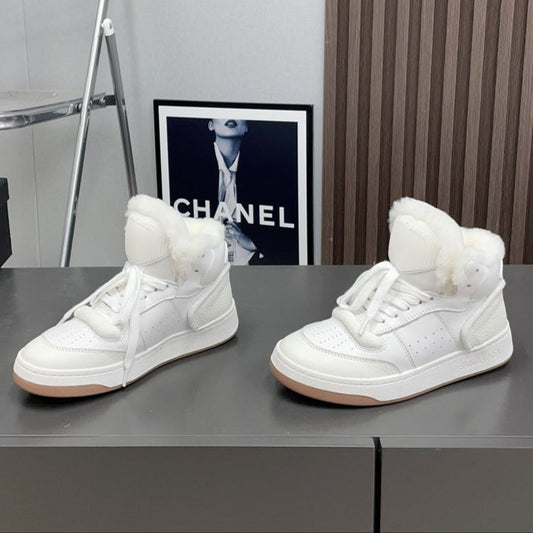 HIGH-TOP SNEAKERS IN WHITE CALFSKIN WITH FLEECE LINING - 35