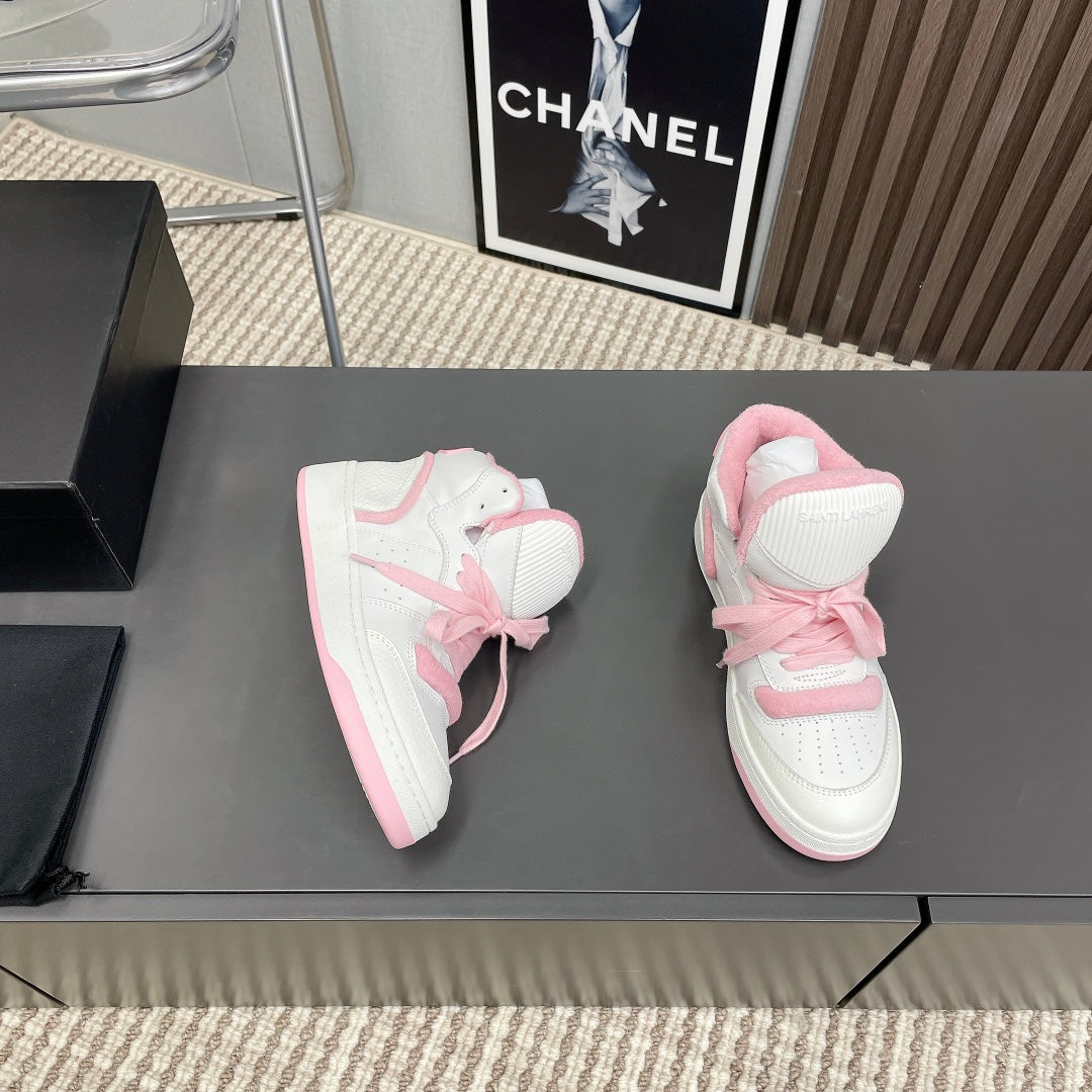 HIGH-TOP SNEAKERS IN WHITE MIX BABY PINK CALFSKIN - 35