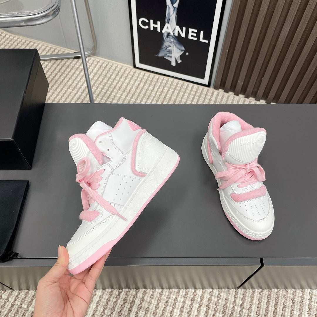HIGH-TOP SNEAKERS IN WHITE MIX BABY PINK CALFSKIN - 35
