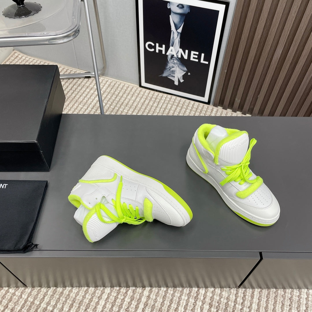 HIGH-TOP SNEAKERS IN WHITE MIX NEON GREEN CALFSKIN - 35