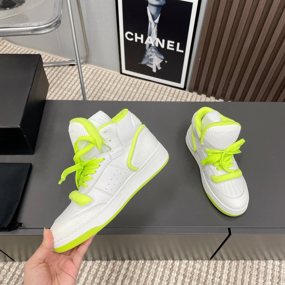 HIGH-TOP SNEAKERS IN WHITE MIX NEON GREEN CALFSKIN - 35