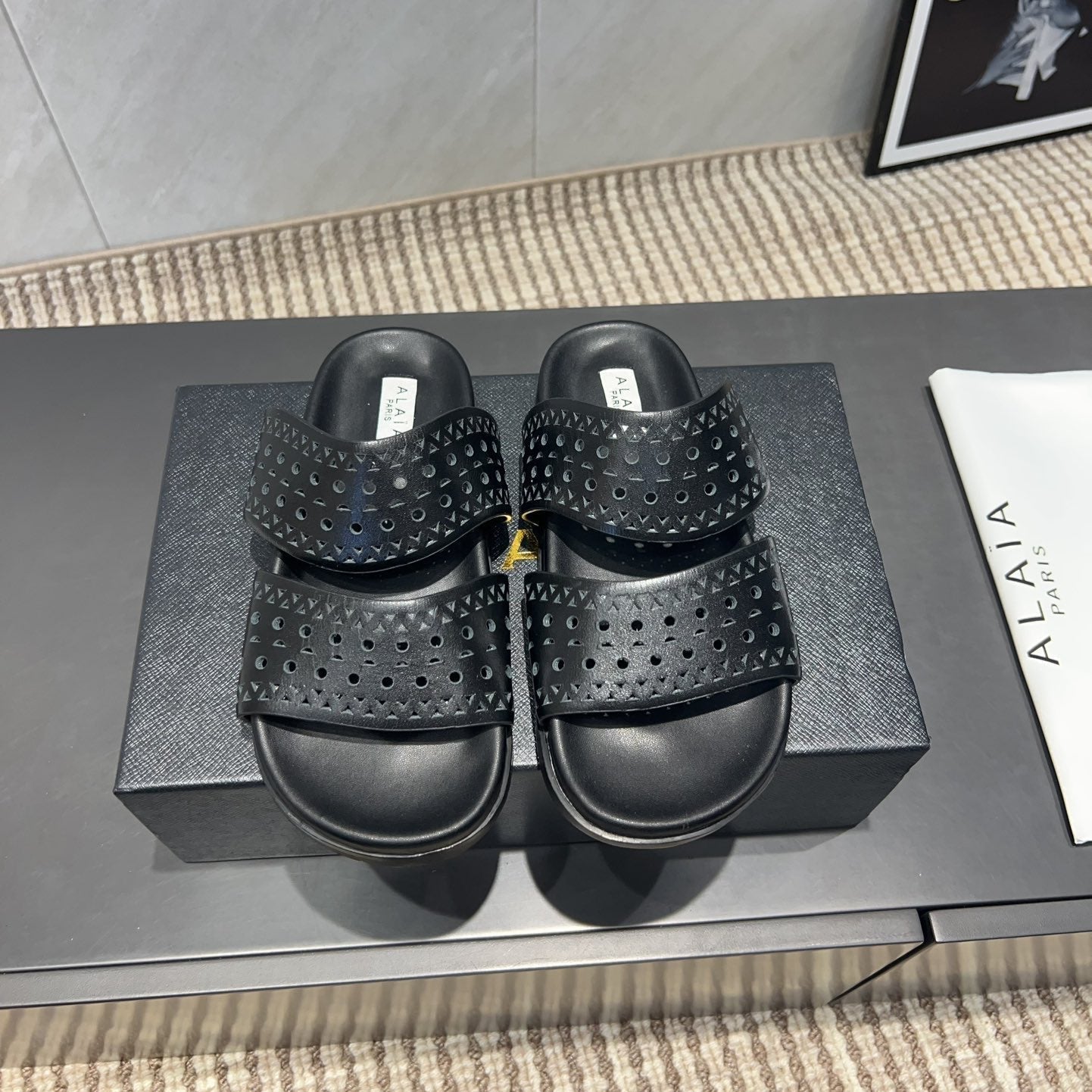 ALAIA CHUNKY TWO-STRAP SLIDES 25S IN BLACK CALFSKIN - 35