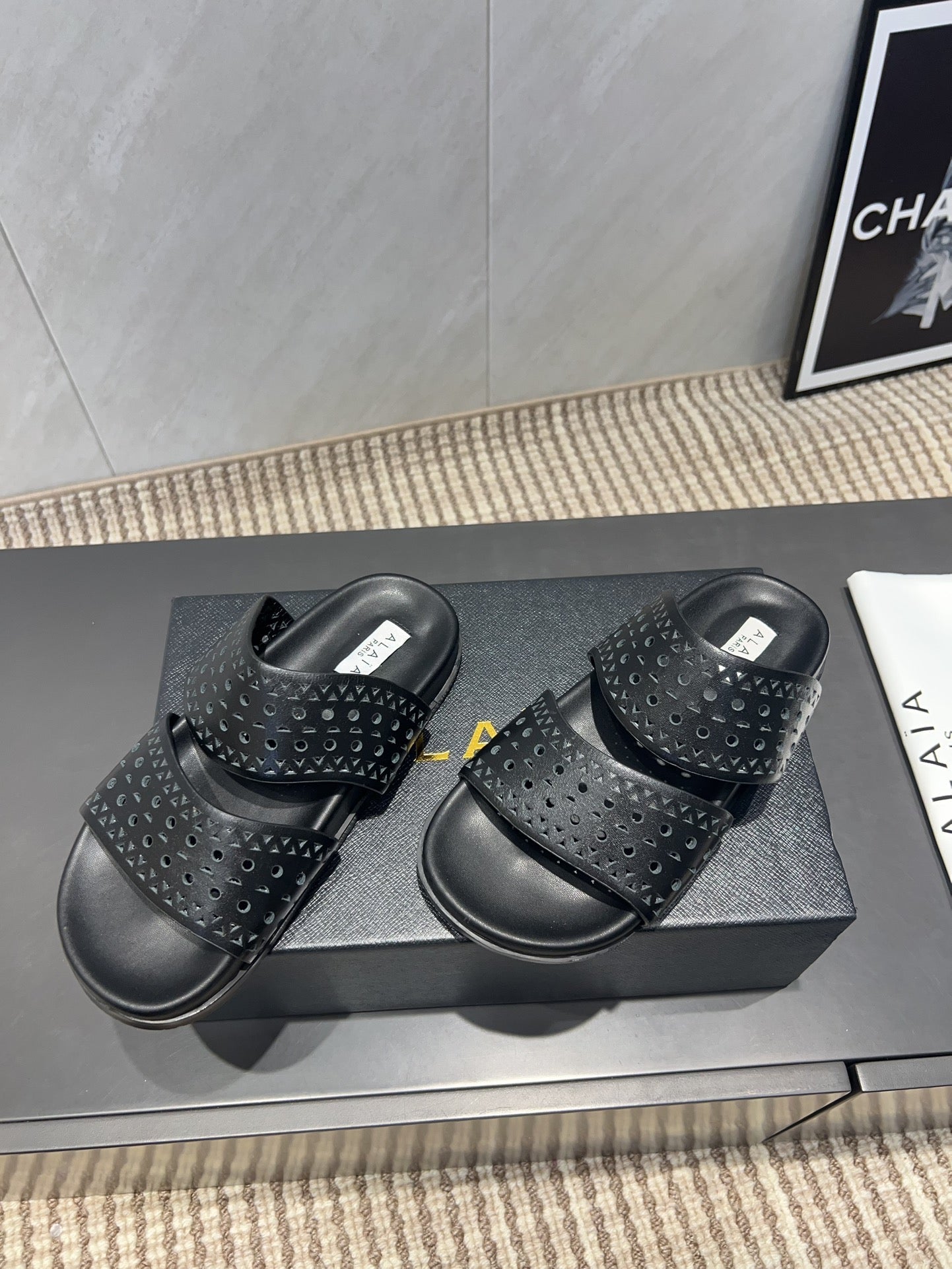 ALAIA CHUNKY TWO-STRAP SLIDES 25S IN BLACK CALFSKIN - 35