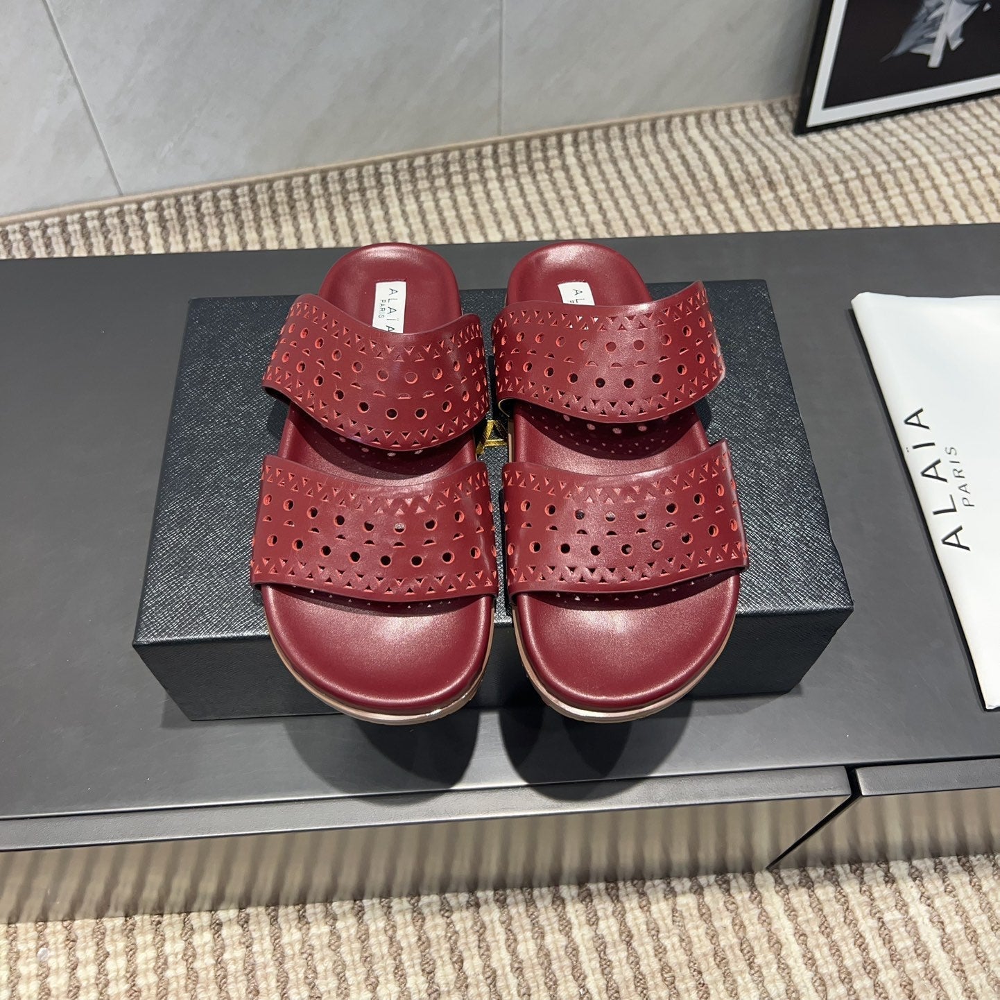 ALAIA CHUNKY TWO-STRAP SLIDES 25S IN DARK RED CALFSKIN - 35