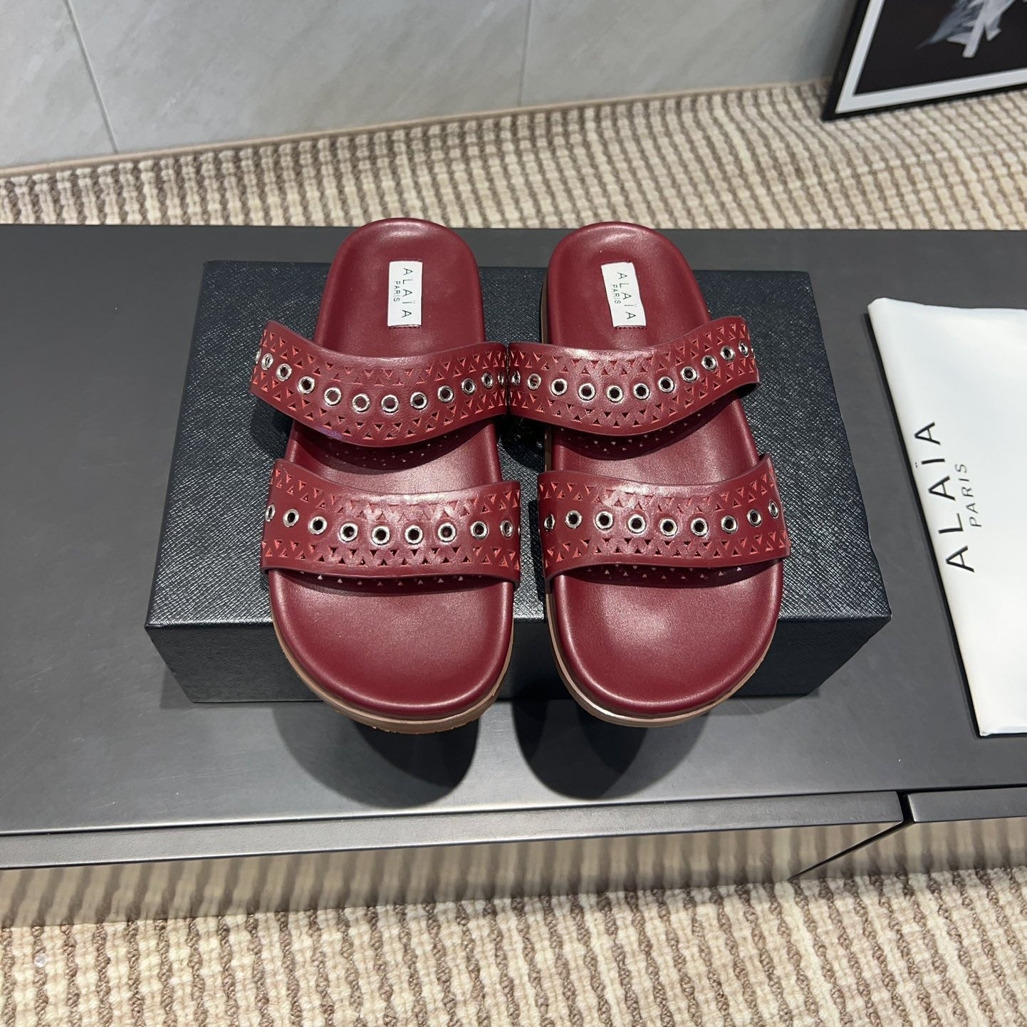 ALAIA DOUBLE-STRAP SANDALS 25S IN DARK RED CALFSKIN - 35