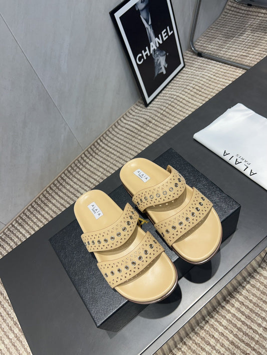 ALAIA DOUBLE-STRAP SANDALS 25S IN BEIGE CALFSKIN - 35