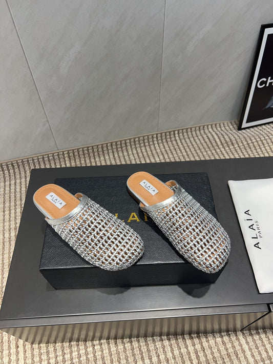 ALAIA WOVEN FLAT SHOES IN SILVER CALFSKIN STYLE 1 - 35