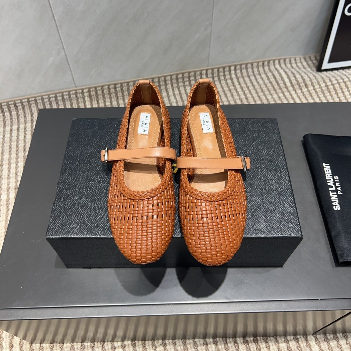 ALAIA MARY JANE FLATS WOVEN PATTERN 25S IN BURNT ORANGE CALFSKIN - 35
