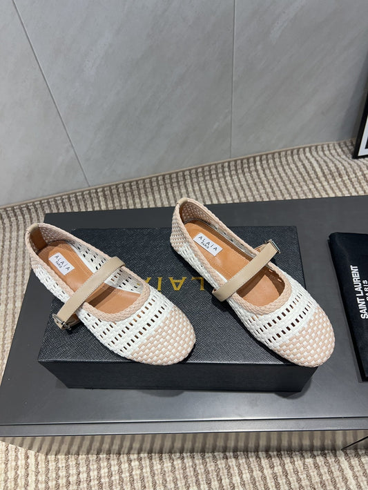 ALAIA MARY JANE FLATS WOVEN PATTERN 25S IN WHITE MIX LIGHT BEIGE CALFSKIN - 35